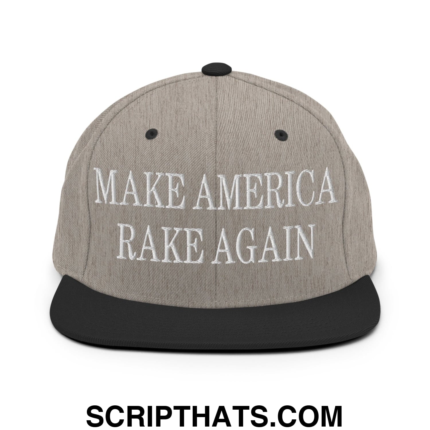 Gray snapback hat with black flat bill brim and embroidered white text make america rake again
