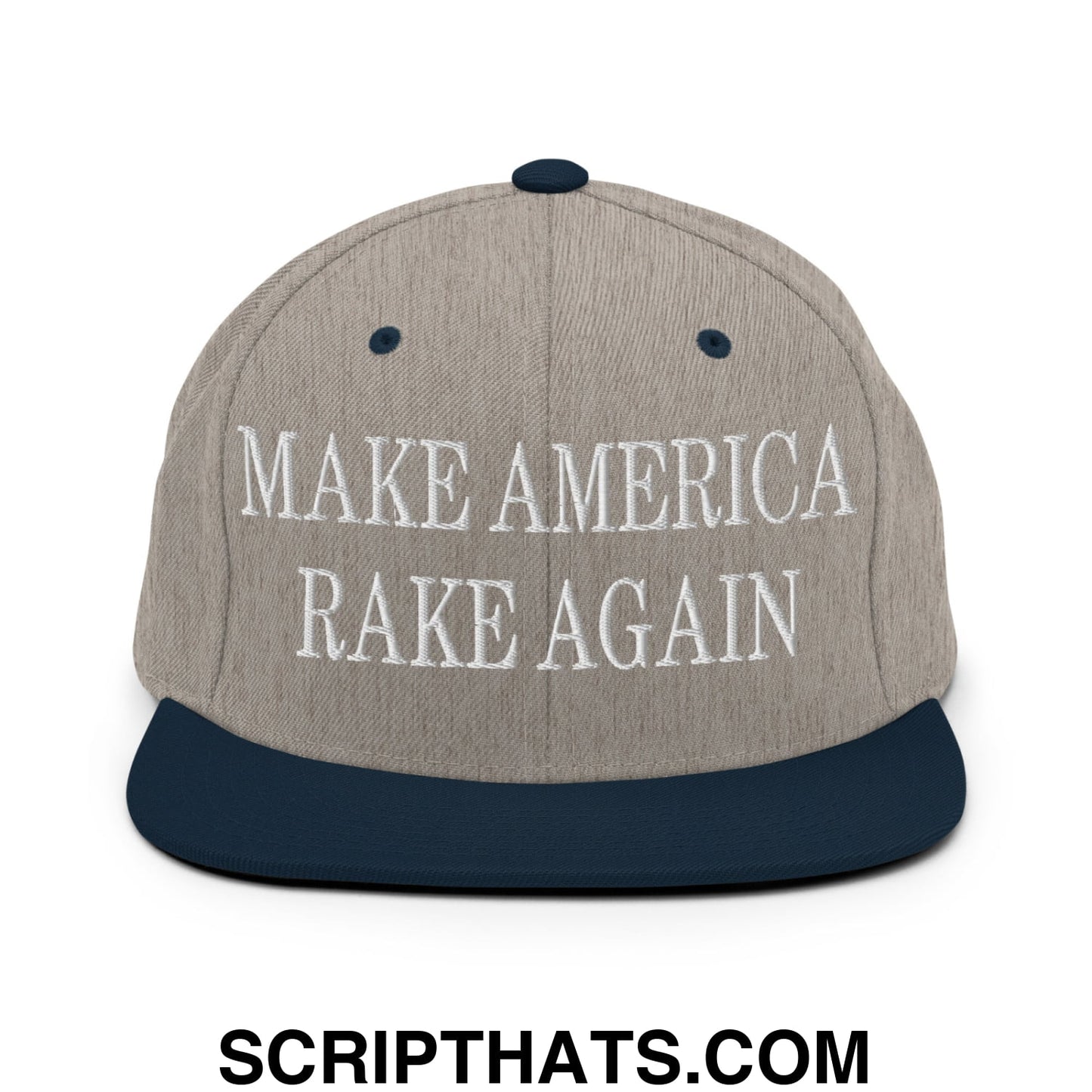 Make america rake again embroidered flat bill snapback hat in gray and navy blue with white text on the front