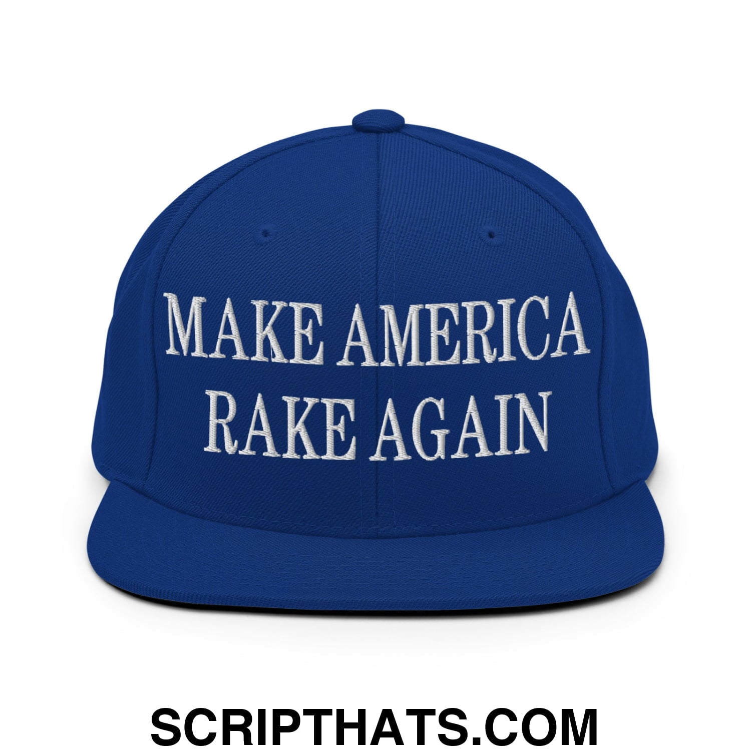Royal blue flat bill brim snapback hat with white embroidered text make America rake again
