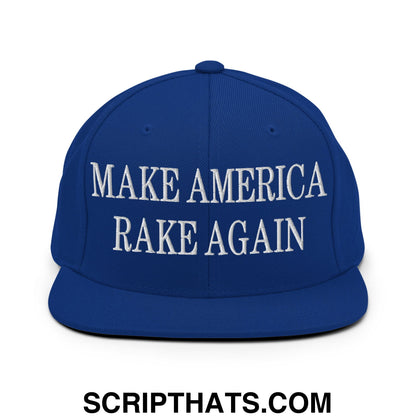 Royal blue flat bill brim snapback hat with white embroidered text make America rake again