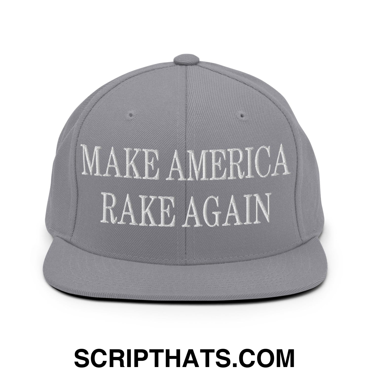 Gray snapback hat with white embroidered make america rake again text featuring a flat bill brim design