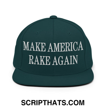 Dark green snapback cap with white embroidered text make america rake again and flat bill brim