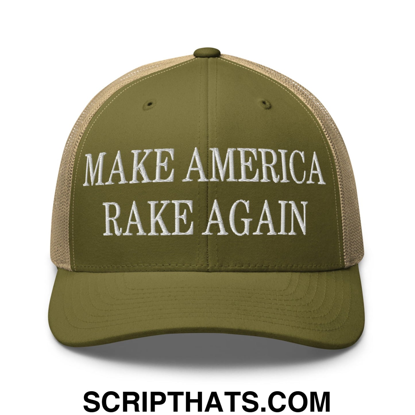 Olive green and beige mesh trucker hat with white embroidered make america rake again text front design