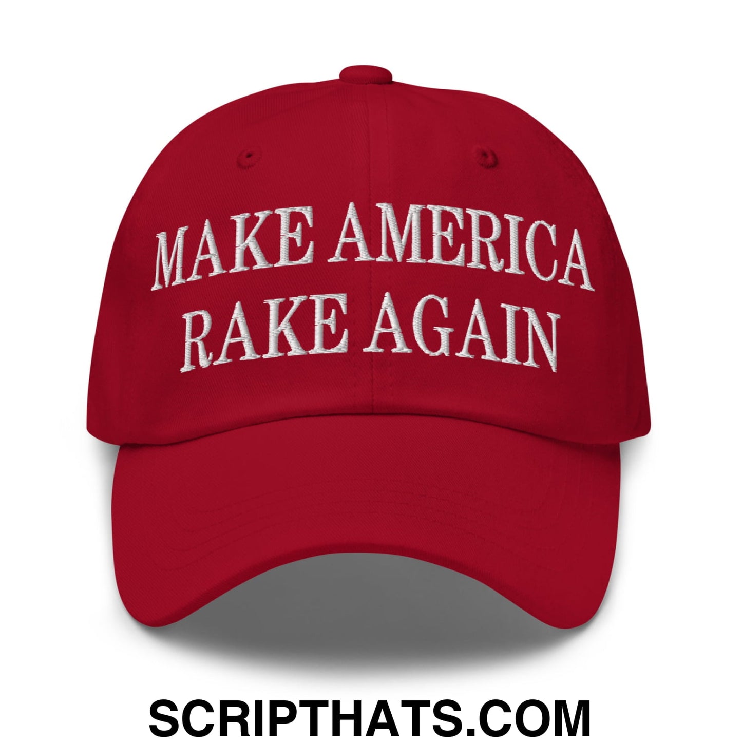 Red embroidered unstructured dad hat with white make america rake again text, perfect for casual outdoor wear