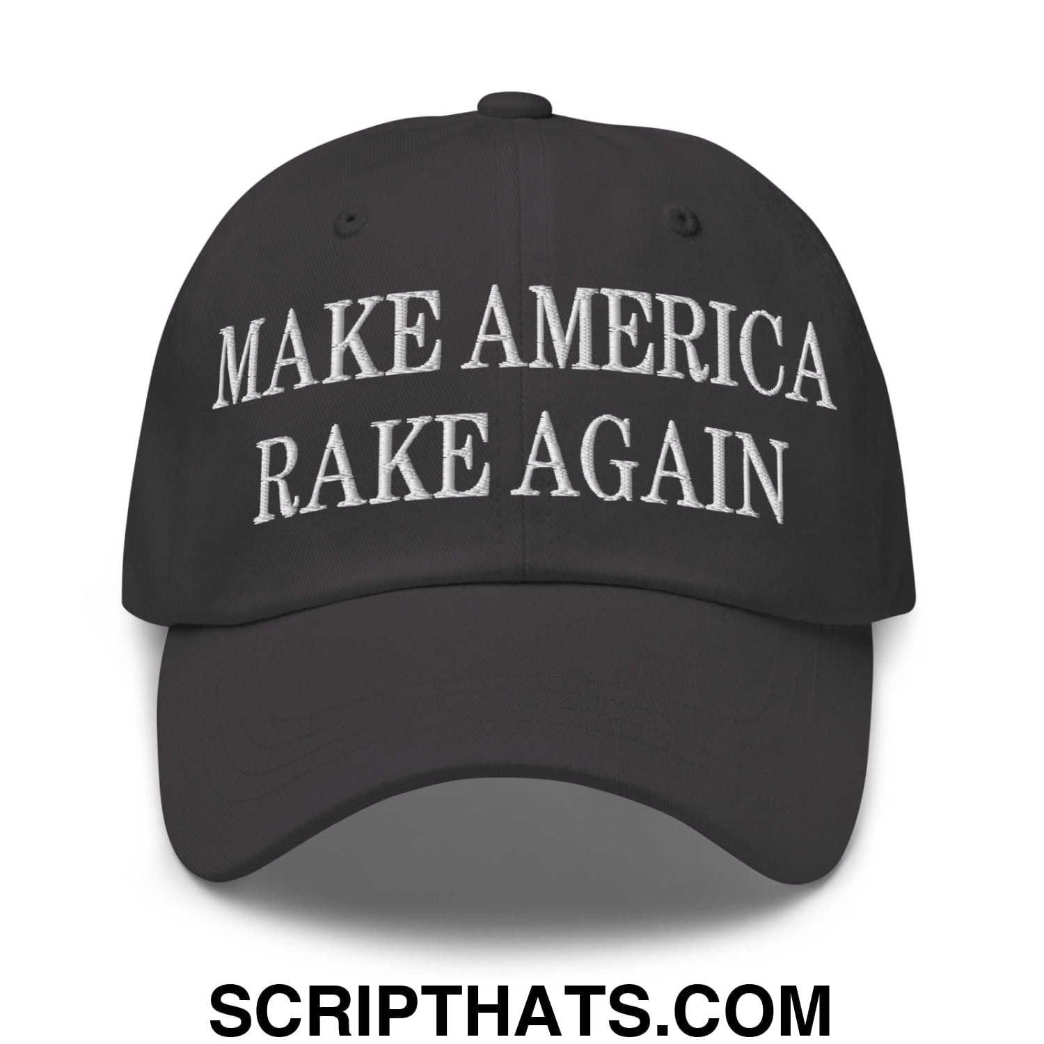 Black make america rake again embroidered unstructured dad hat with white text in cotton material