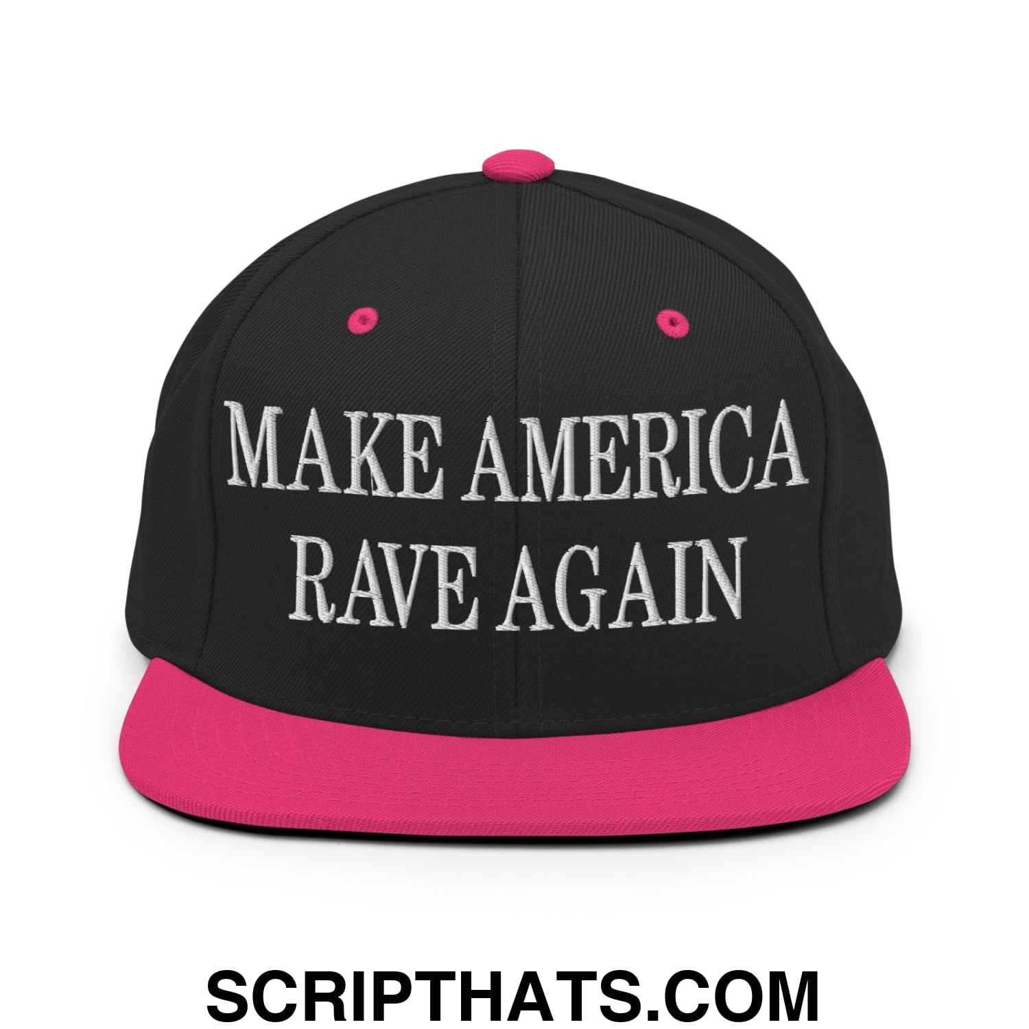 Black snapback hat with vibrant pink brim and button featuring white embroidered text make america rave again