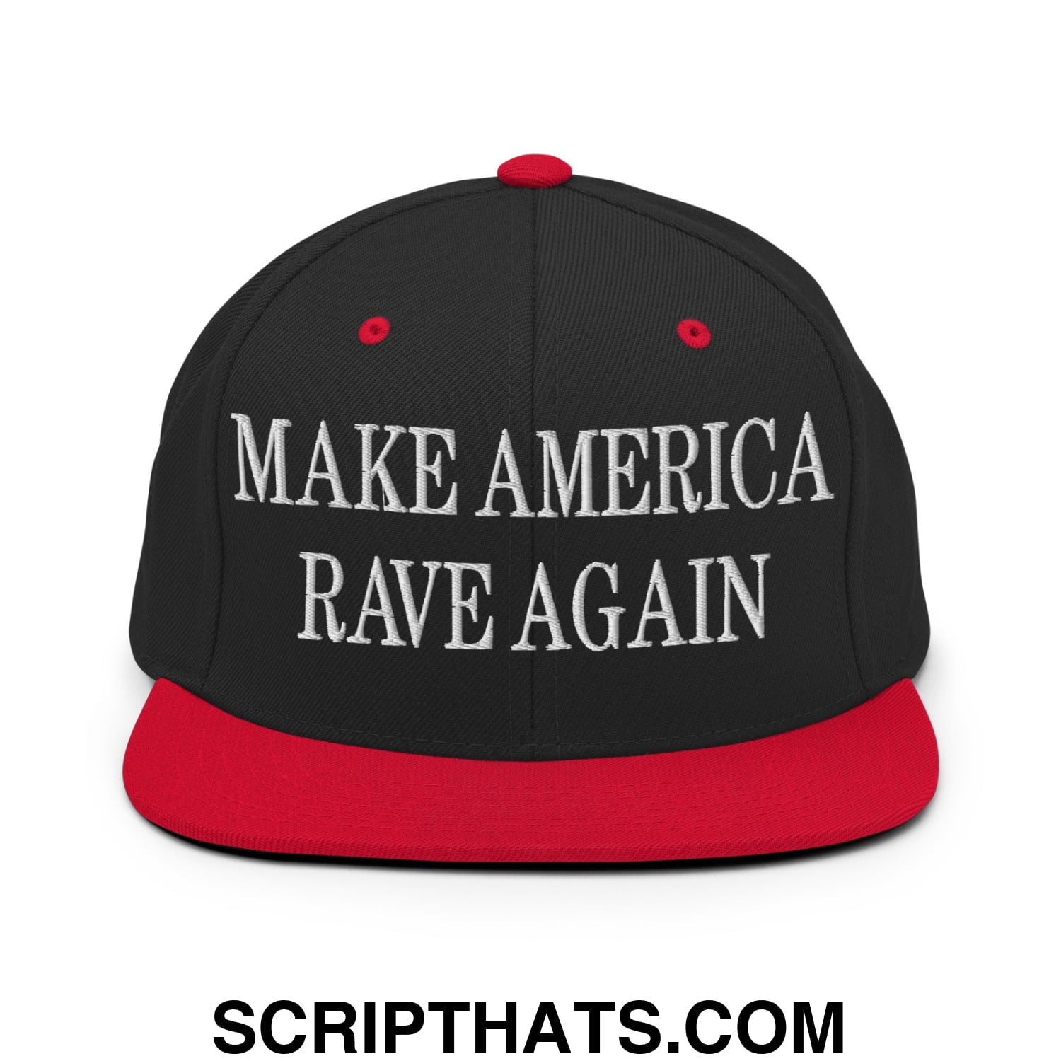 Black snapback cap with red brim and button featuring white embroidered text make america rave again flat bill design