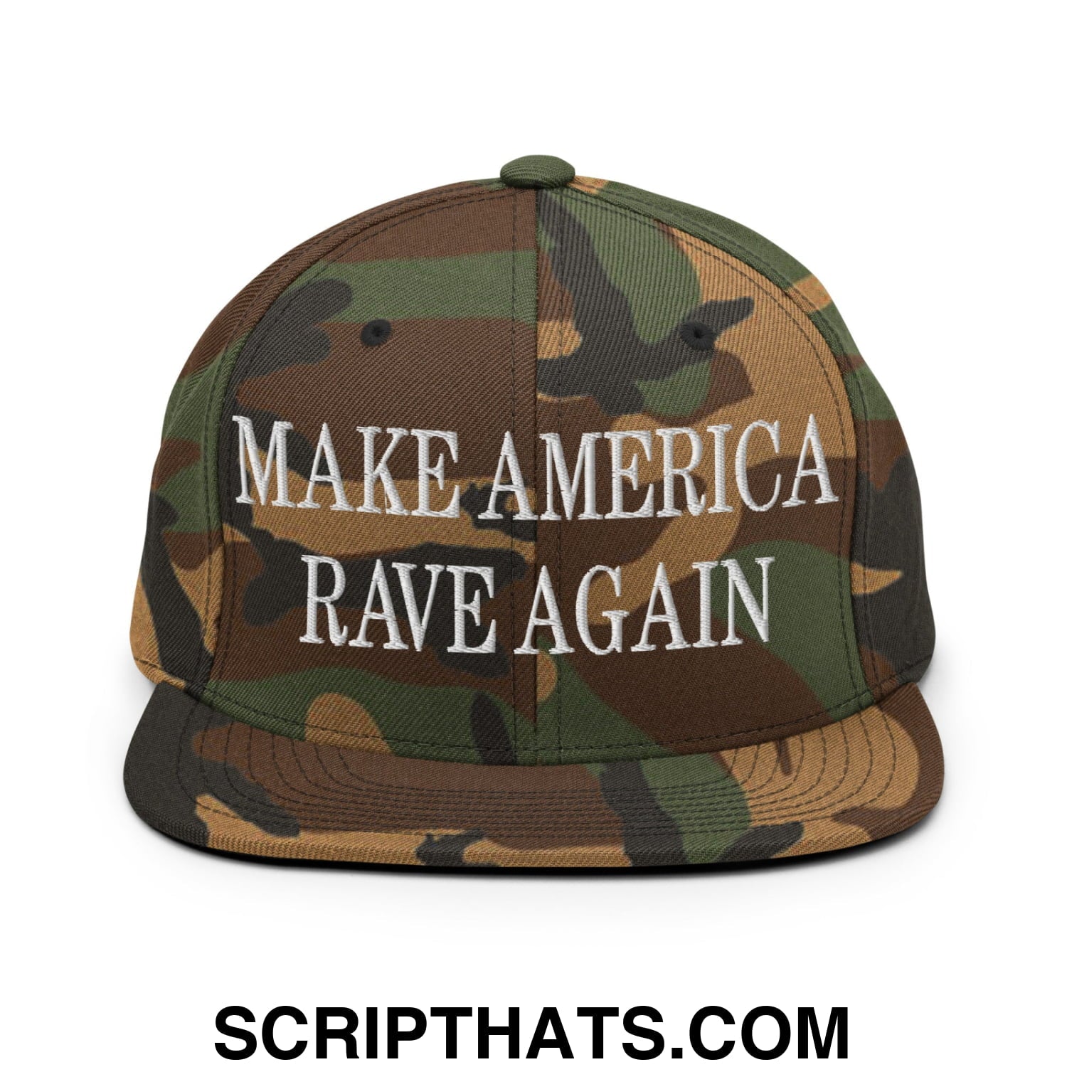 A camouflage-patterned snapback hat with white embroidered text make america rave again and a flat bill brim