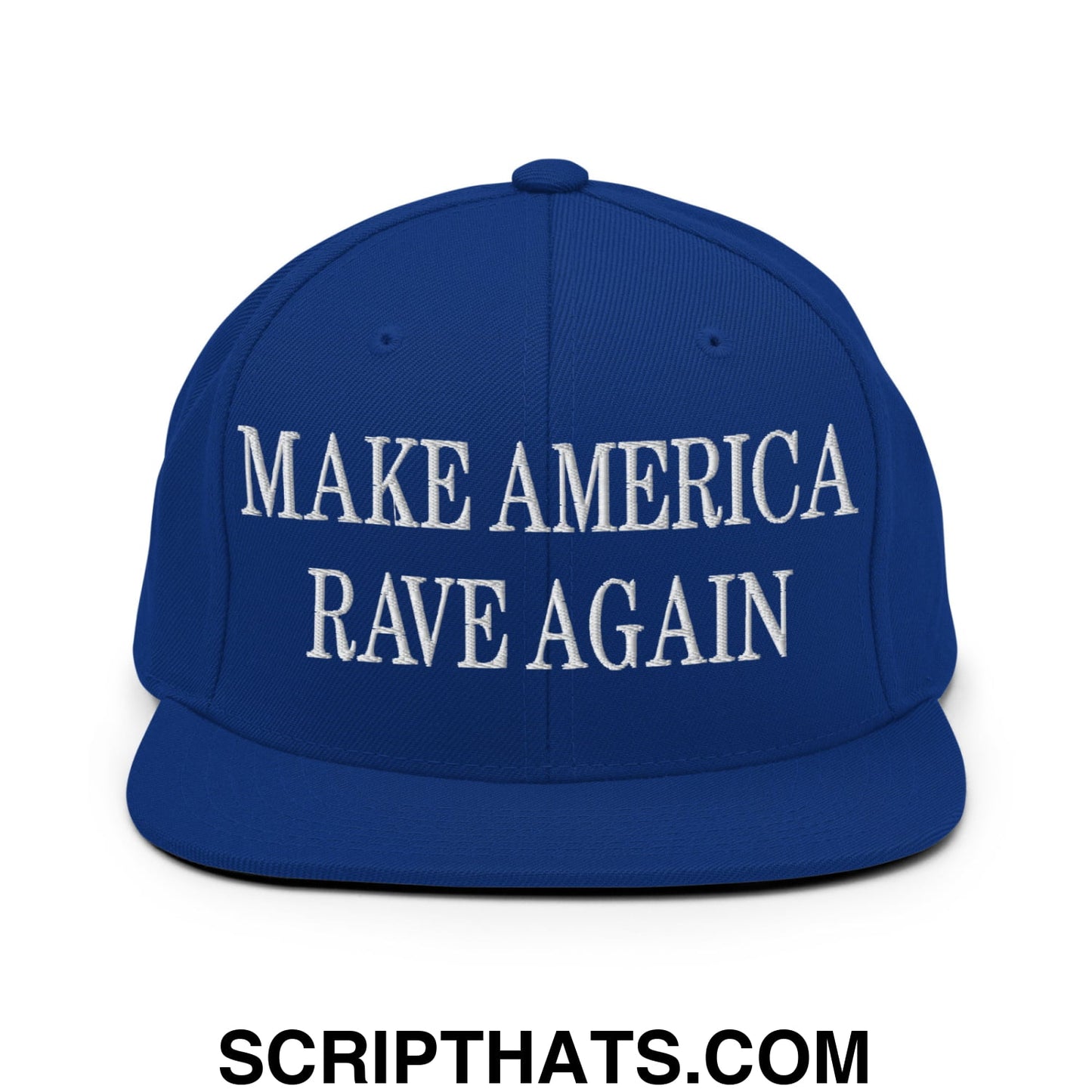 Royal blue snapback hat with white embroidered make america rave again text and a flat bill brim design