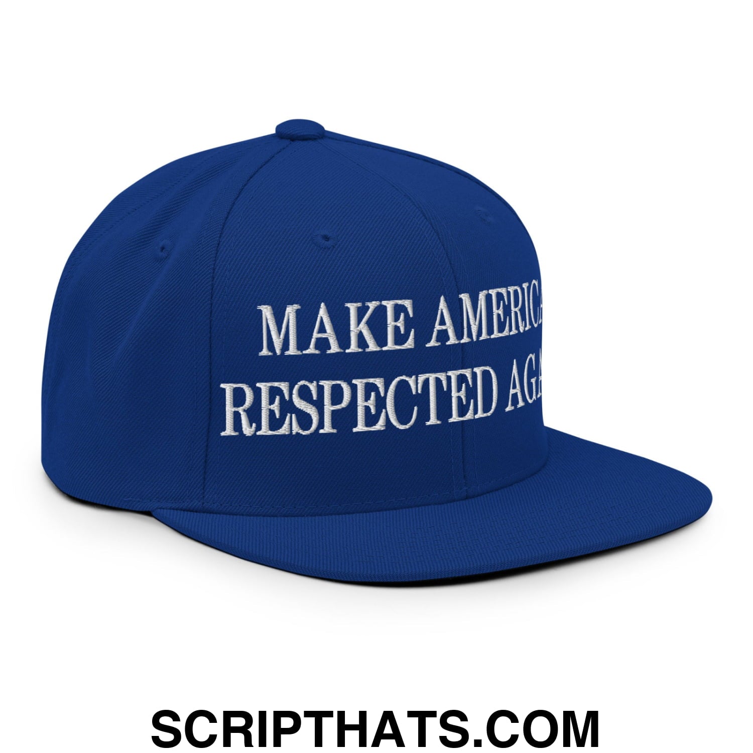 Royal blue snapback hat with white embroidered make america respected again text and flat bill brim design