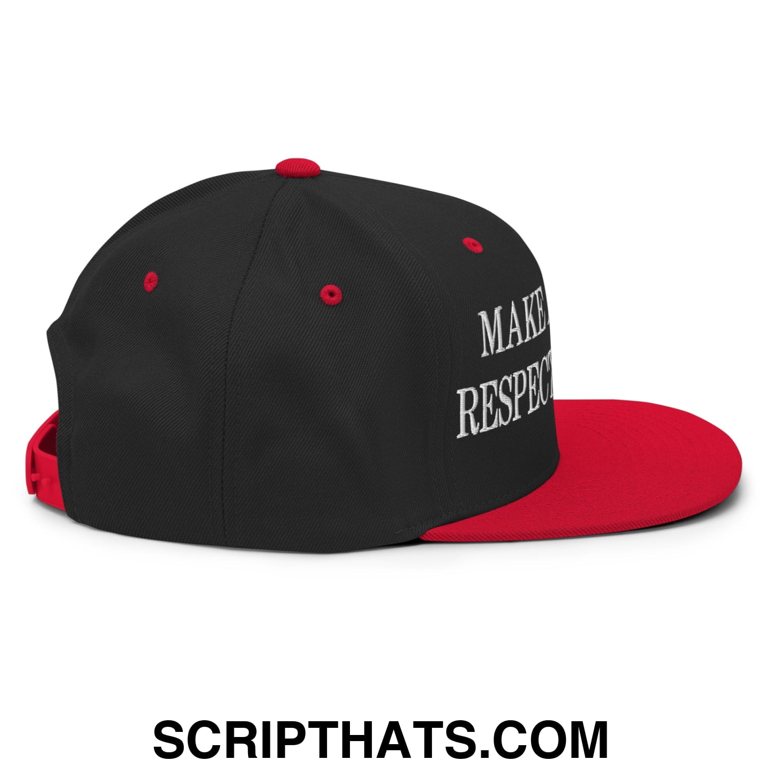 Black and red embroidered flat bill snapback cap with white make respect text for Make America Respected Again design
