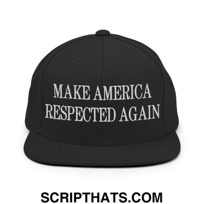 Black snapback cap with white embroidered make america respected again text and flat bill brim design