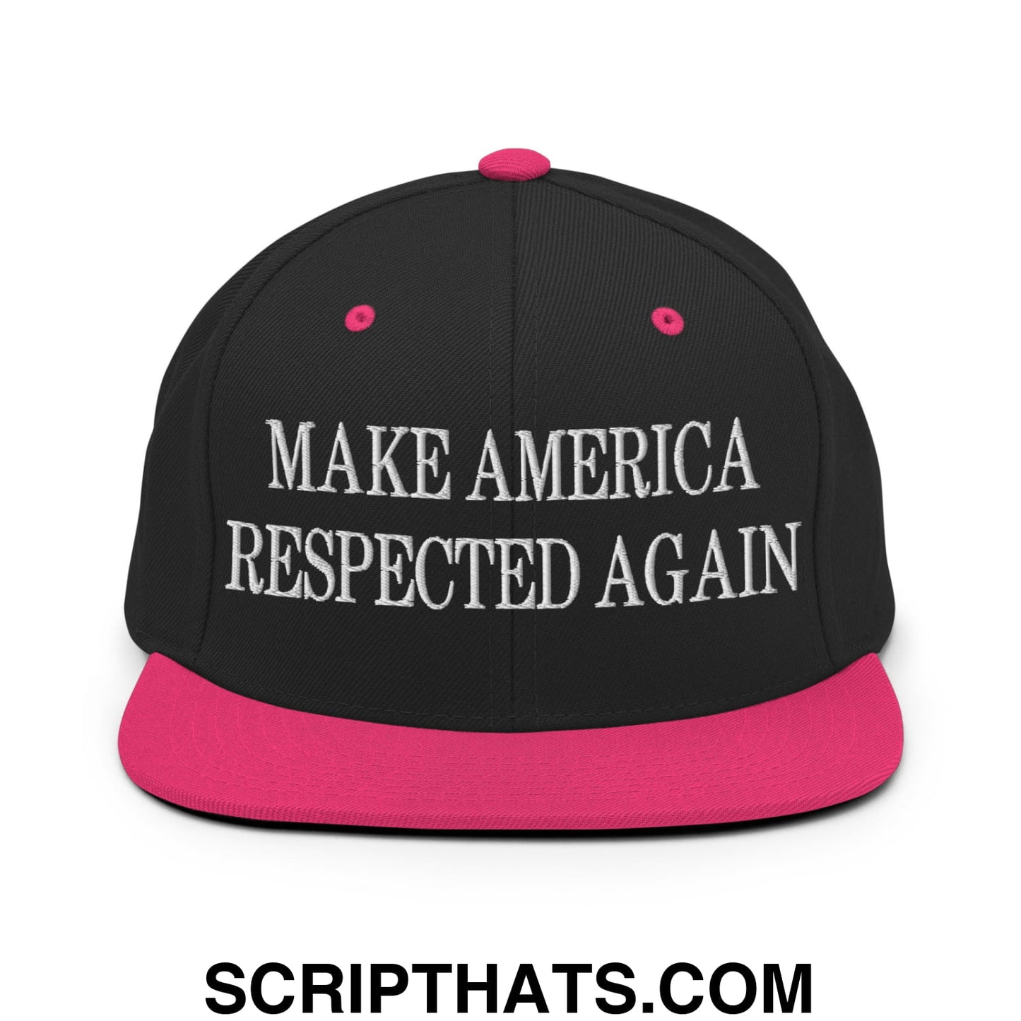 Black snapback cap with vibrant pink brim and white embroidered make america respected again text