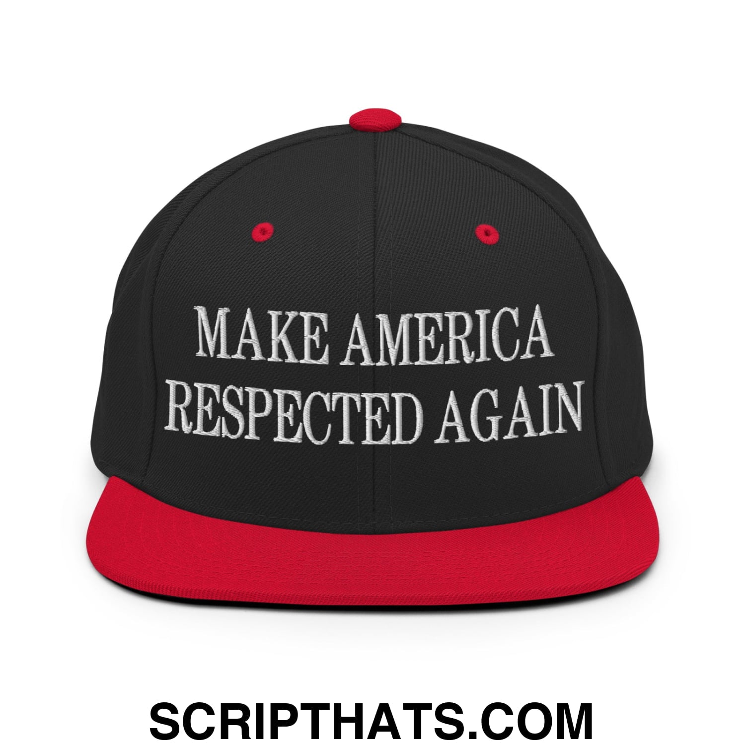 Black snapback cap with red flat bill brim and white embroidered text make america respected again
