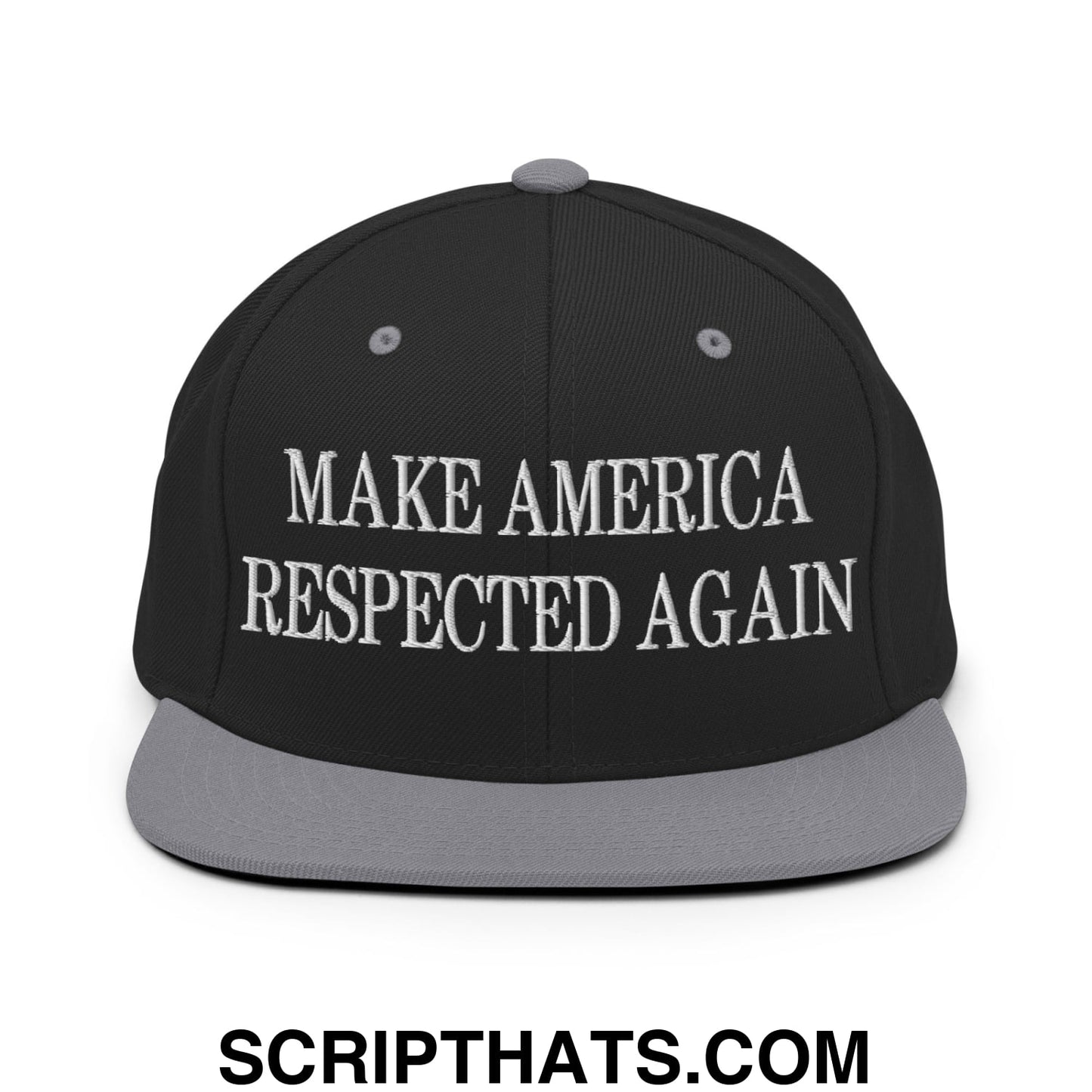 Black snapback cap with gray brim and white embroidered text make america respected again on front panel