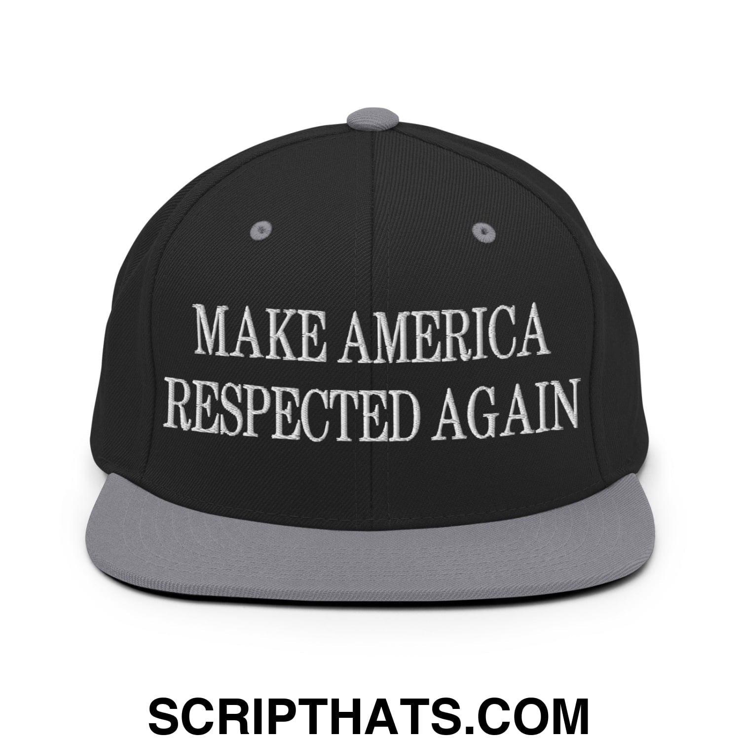 Black snapback cap with gray brim and white embroidered text make america respected again on front panel