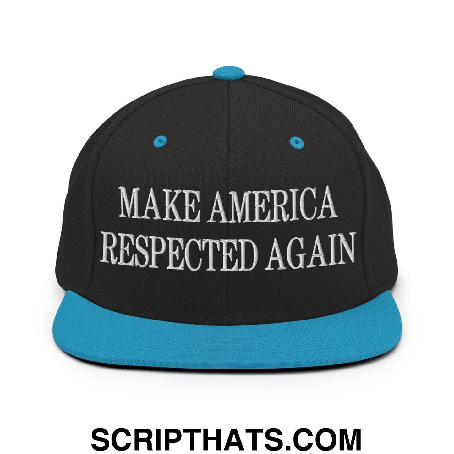 Black snapback cap with teal brim and button featuring white embroidered make america respected again text