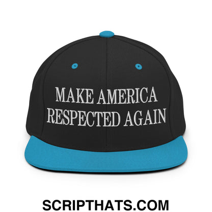 Black snapback cap with teal brim and button featuring white embroidered make america respected again text