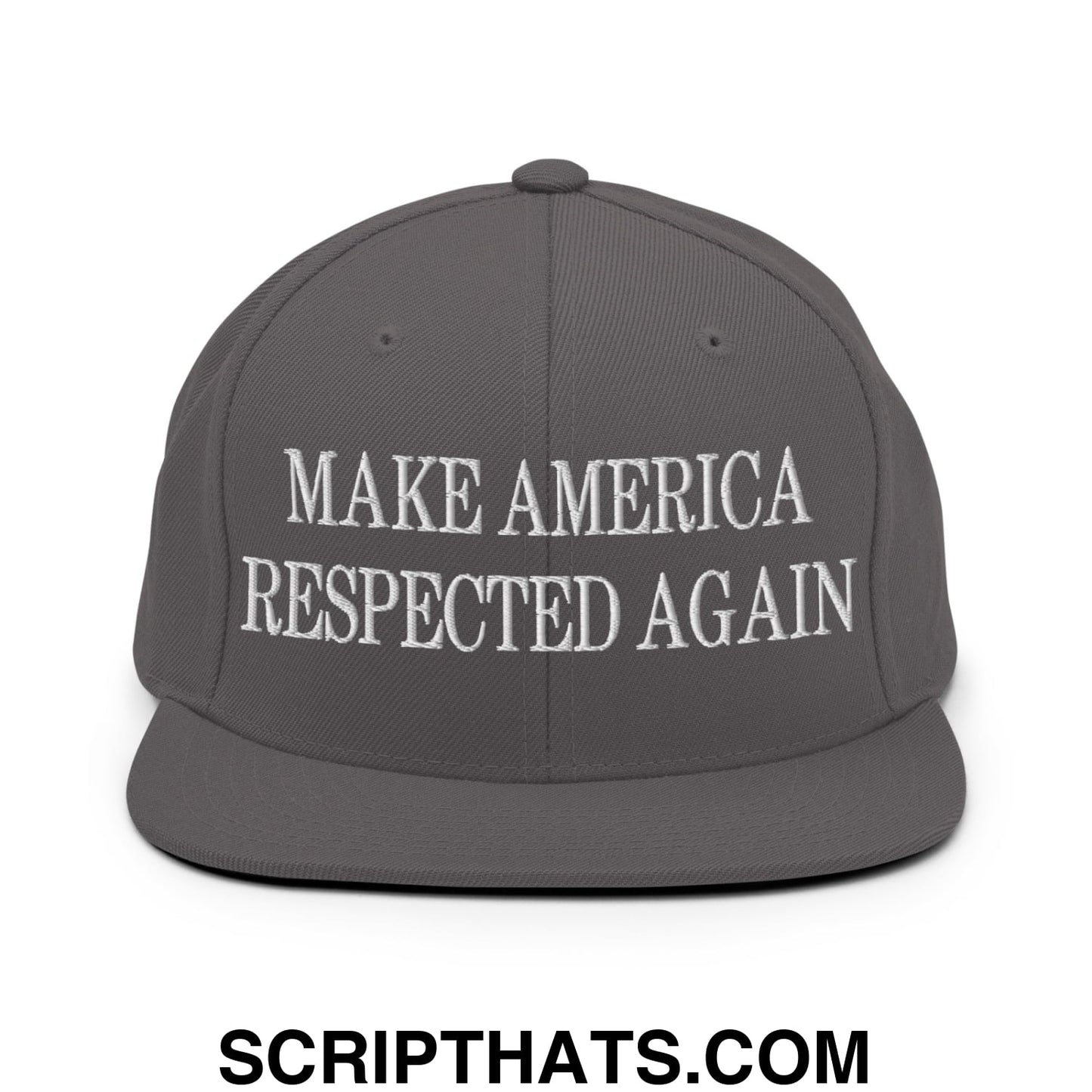 Dark gray flat bill snapback hat with white embroidered make america respected again text on front