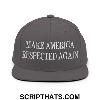 Dark gray flat bill snapback hat with white embroidered make america respected again text on front