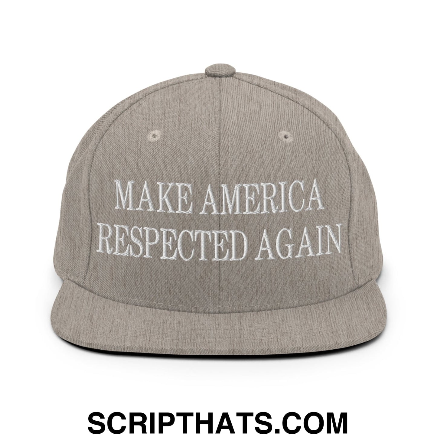 Gray embroidered flat bill brim snapback hat with white make America respected again text for casual wear