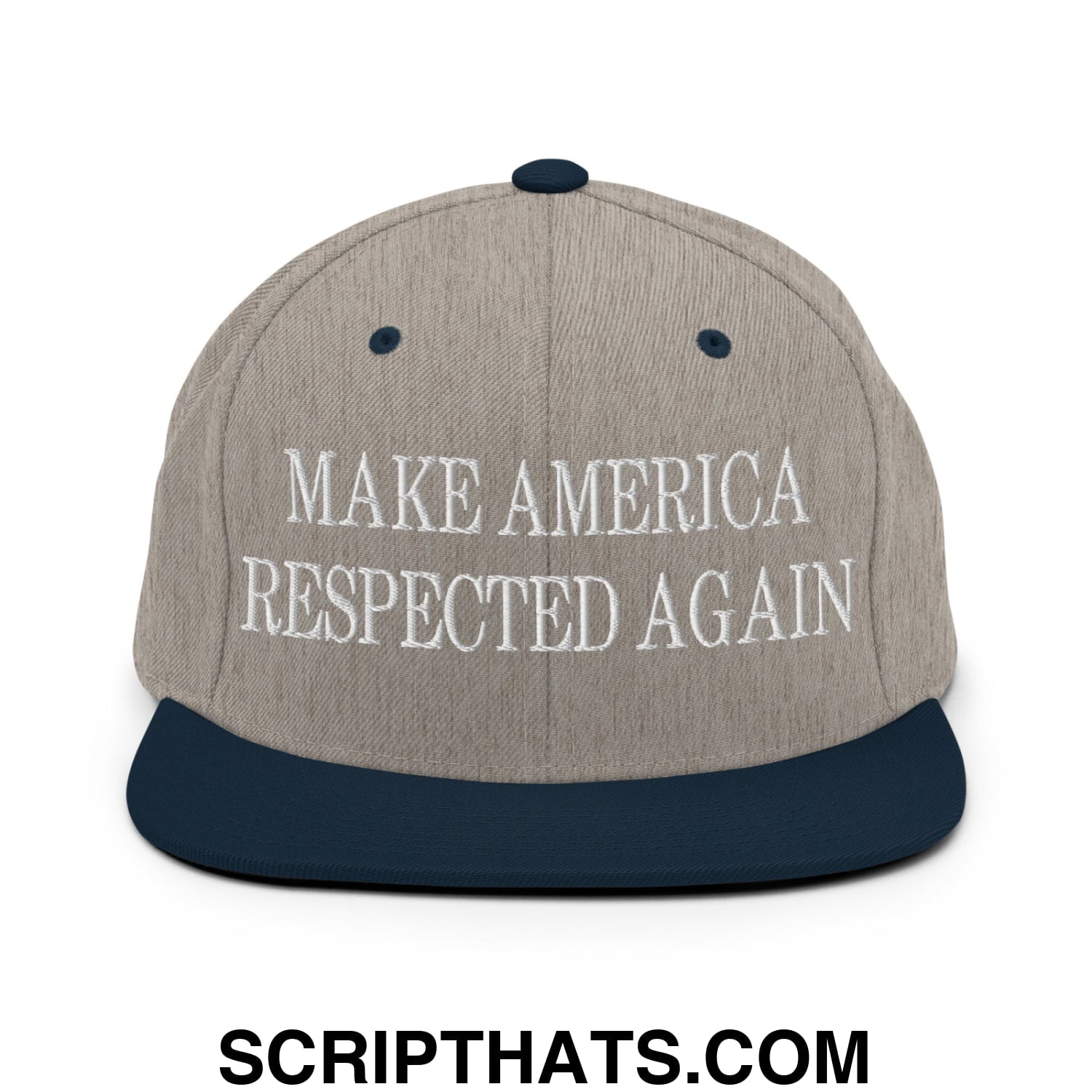 Gray and navy blue snapback hat with white embroidered make america respected again text and flat bill brim