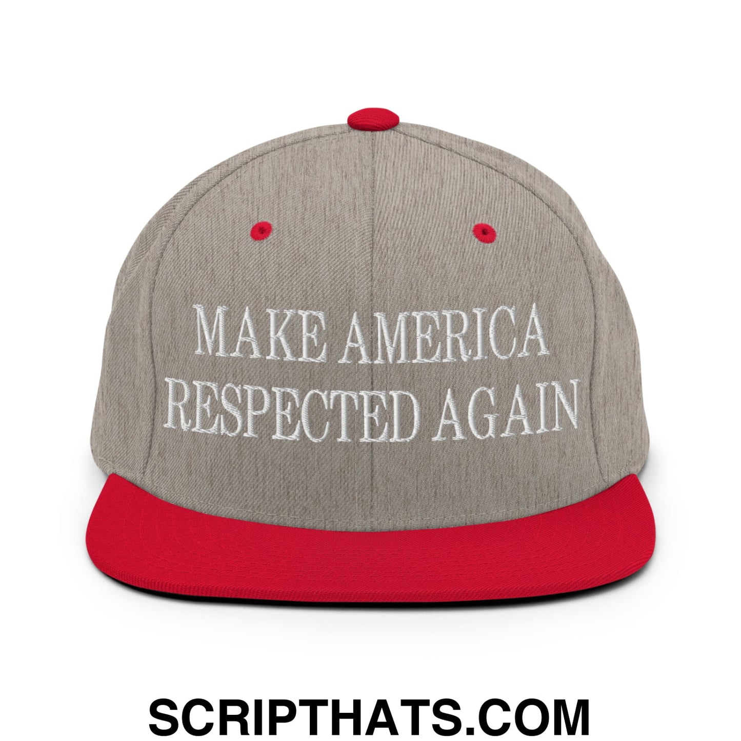 Gray and red snapback cap with white embroidered make america respected again text and flat bill brim