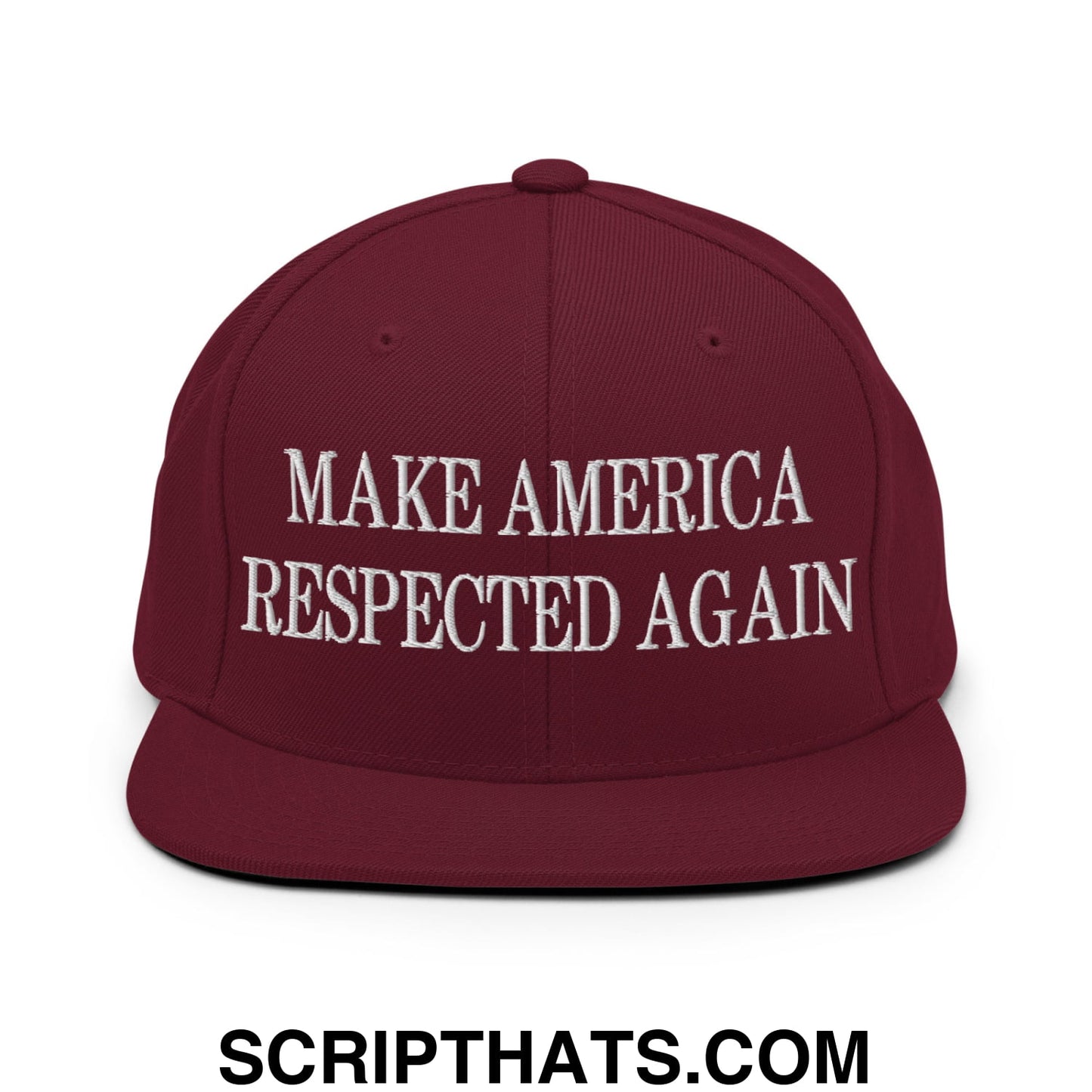Maroon embroidered flat bill brim snapback hat with white make america respected again text