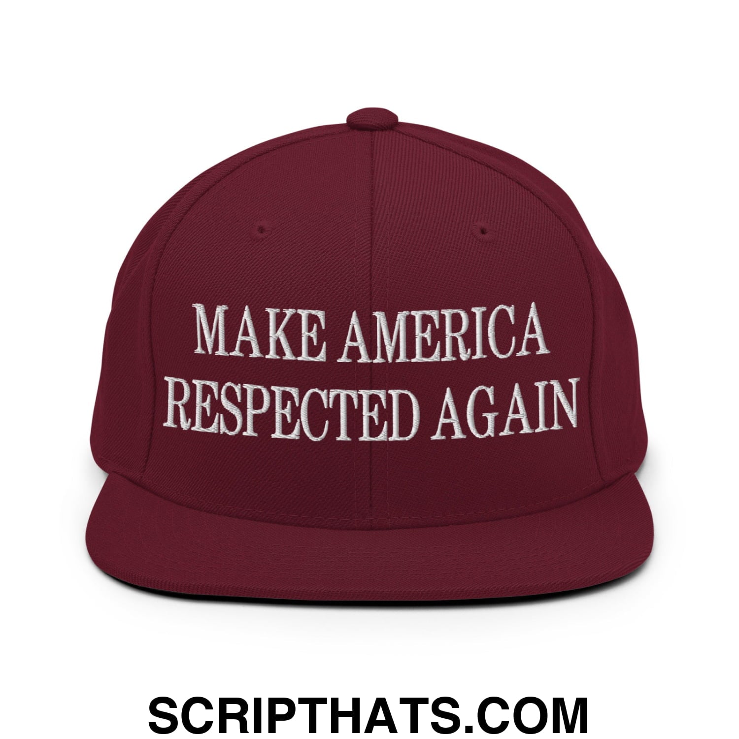 Maroon embroidered flat bill brim snapback hat with white make america respected again text