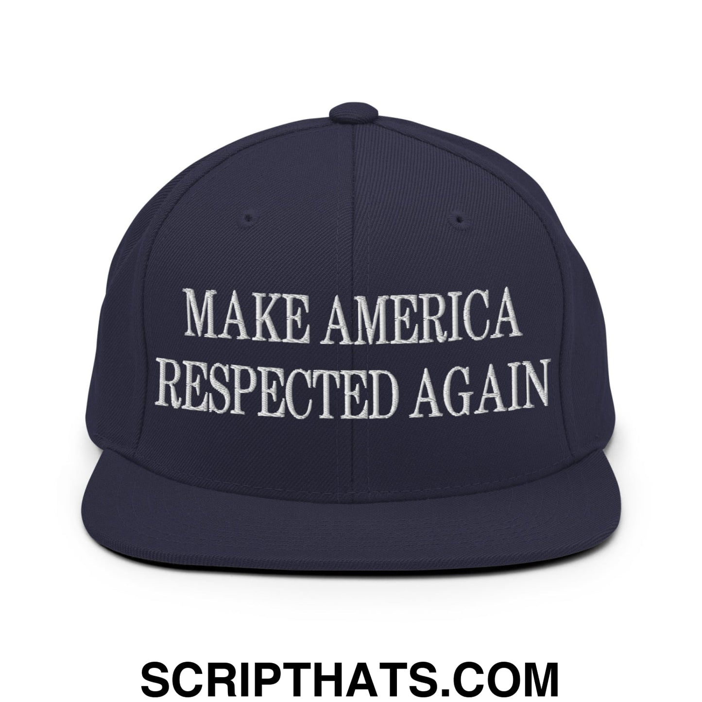 Navy blue snapback cap with white embroidered text make america respected again and flat bill brim design