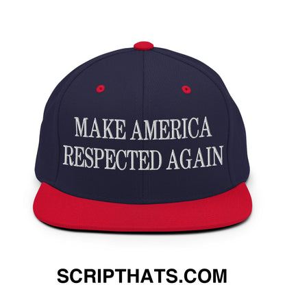 Navy blue and red snapback hat with white embroidered text make america respected again on flat bill brim