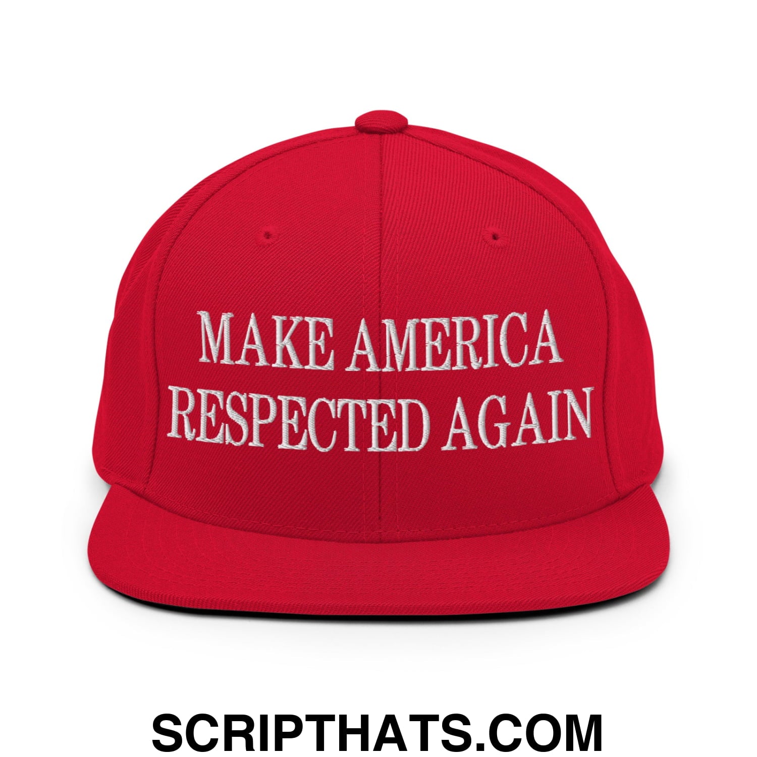 Red snapback cap with white embroidered make america respected again text and flat bill brim design