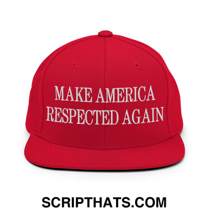 Red snapback cap with white embroidered make america respected again text and flat bill brim design