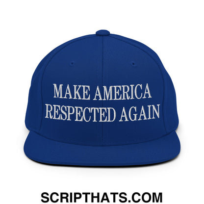 Royal blue snapback hat with white embroidered make America respected again text and flat bill brim design