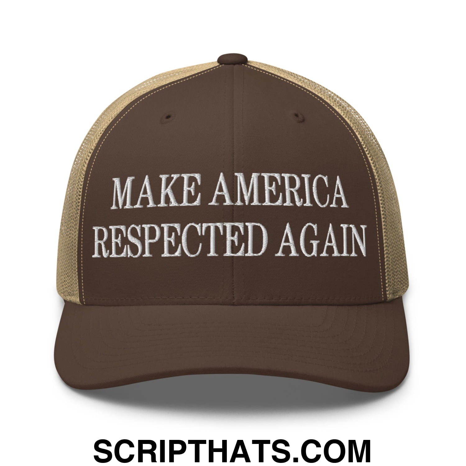Brown and tan mesh trucker hat with white embroidered make america respected again text front view
