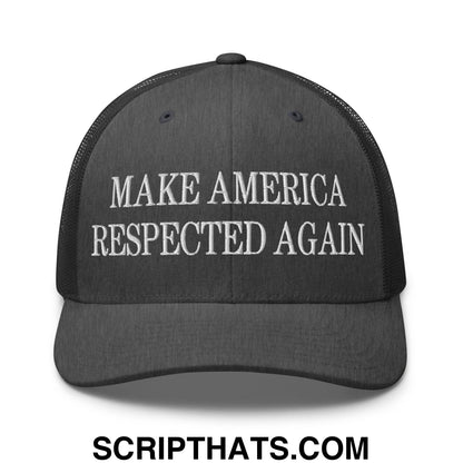 Black mesh trucker hat with white embroidered make america respected again text across the front