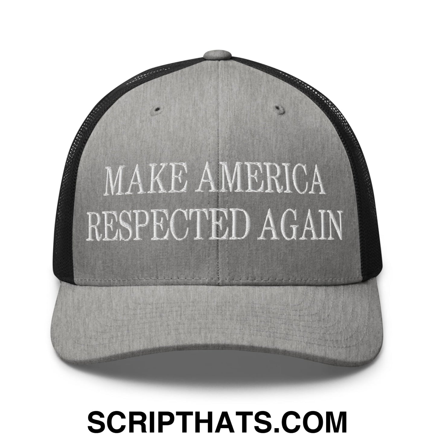 Gray and black mesh trucker hat with white embroidered text make america respected again on the front