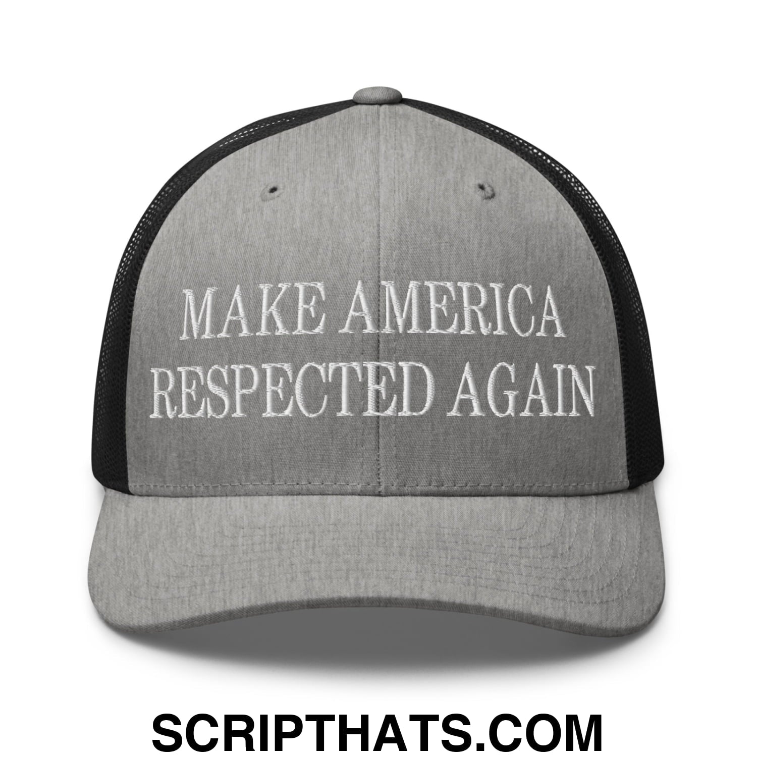 Gray and black mesh trucker hat with white embroidered text make america respected again on the front