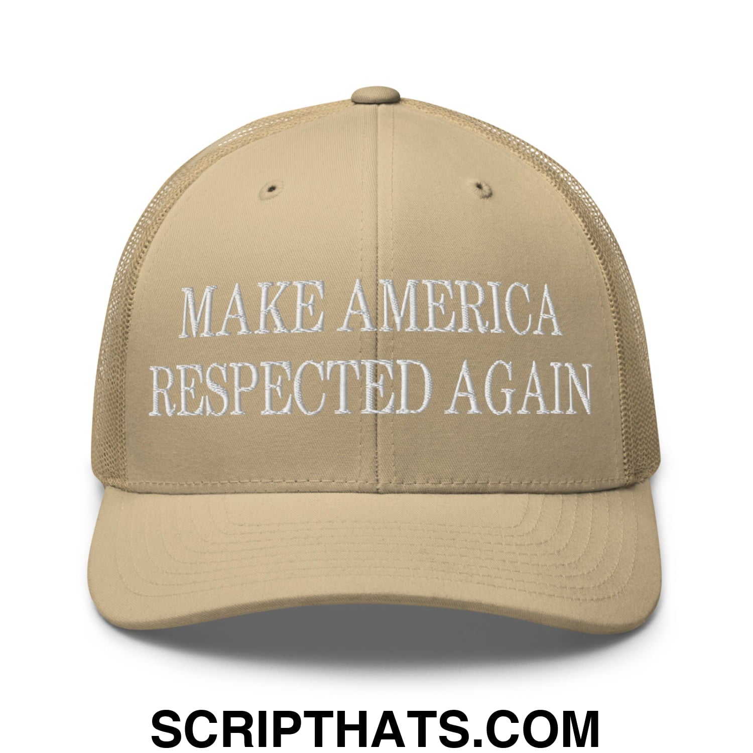 Beige embroidered mesh trucker hat with white make america respected again text on front panel