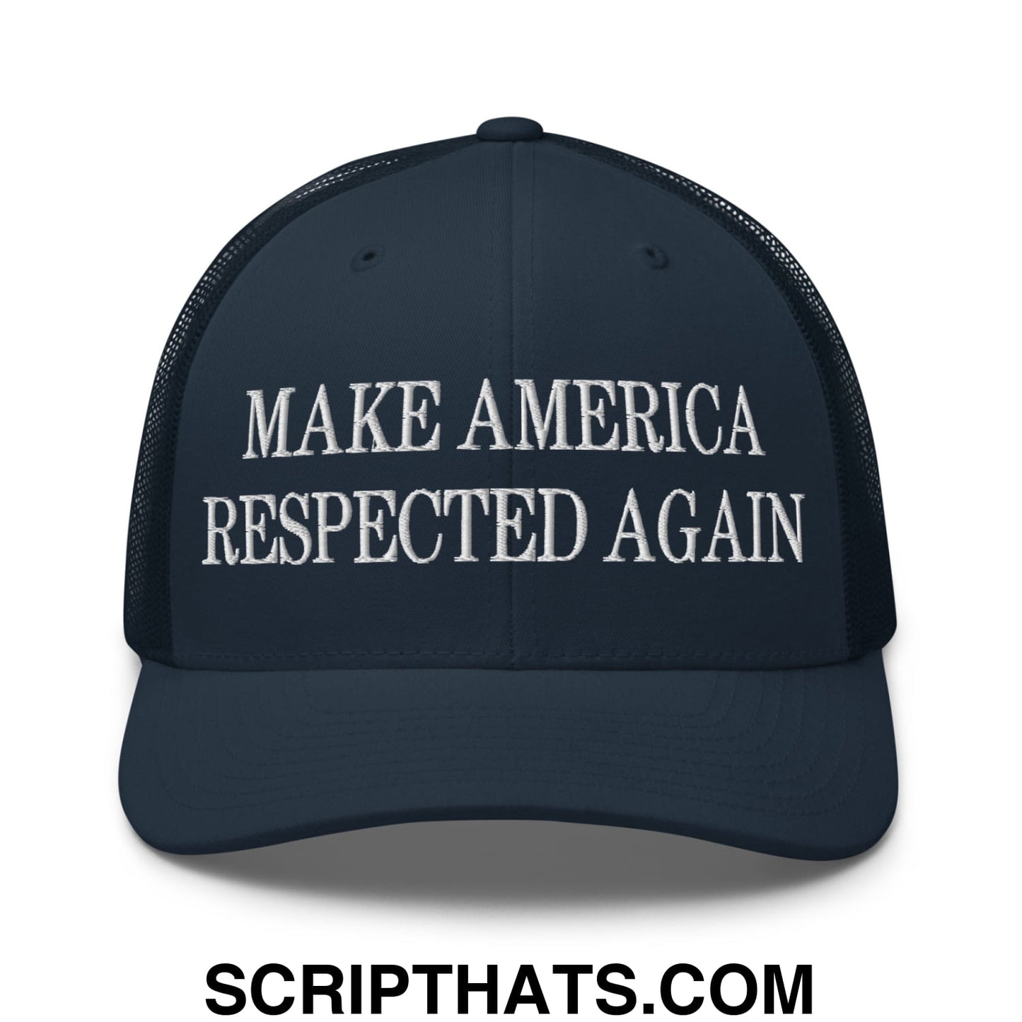 Dark navy blue mesh trucker hat with white embroidered make america respected again text on front panel