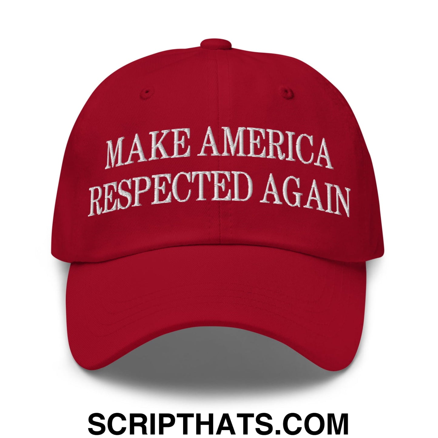 Red unstructured dad hat with white embroidered make america respected again text for casual wear