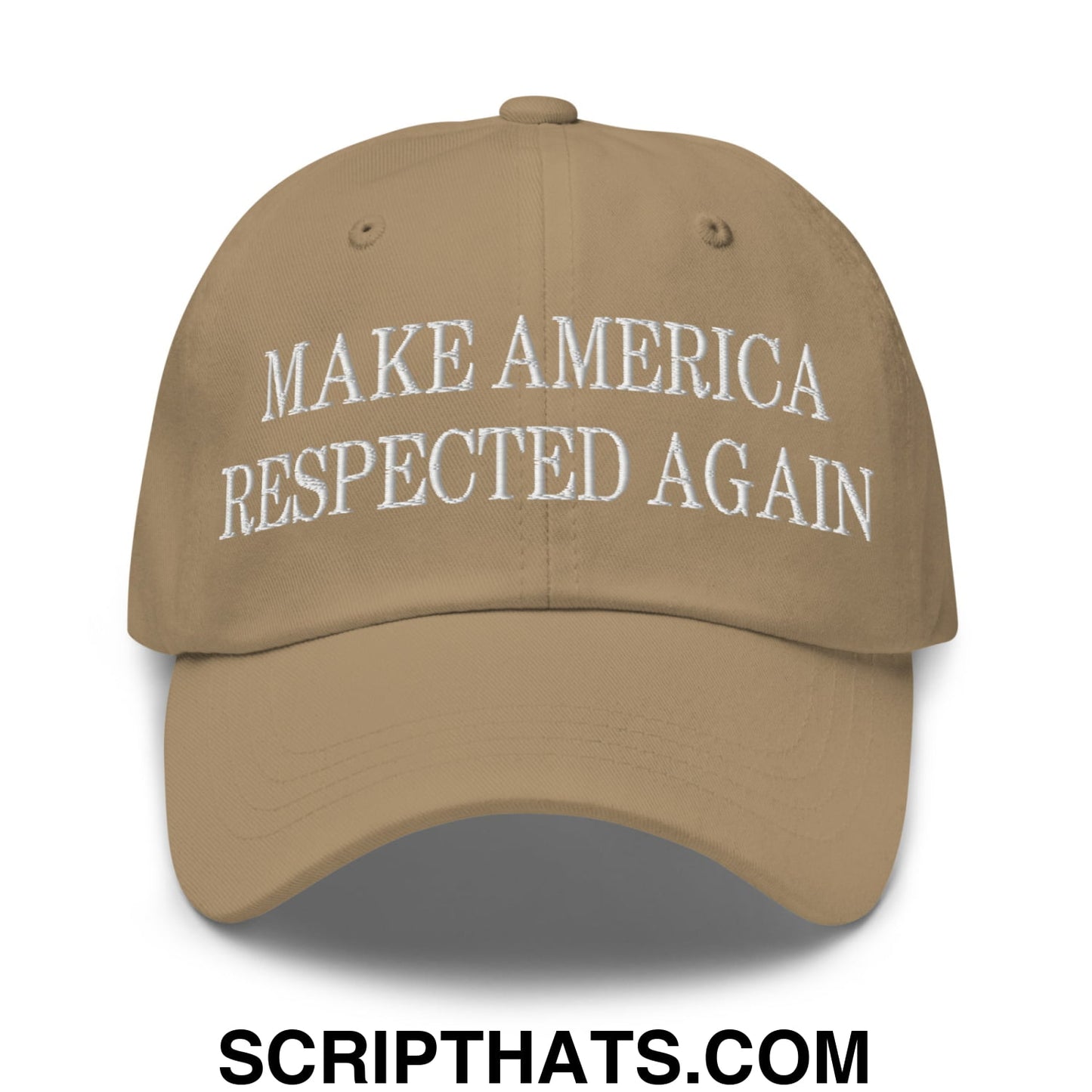 Tan unstructured dad hat with white embroidered make america respected again text front for casual wear