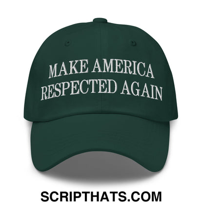 Dark green unstructured dad hat with white embroidered text make america respected again for casual wear