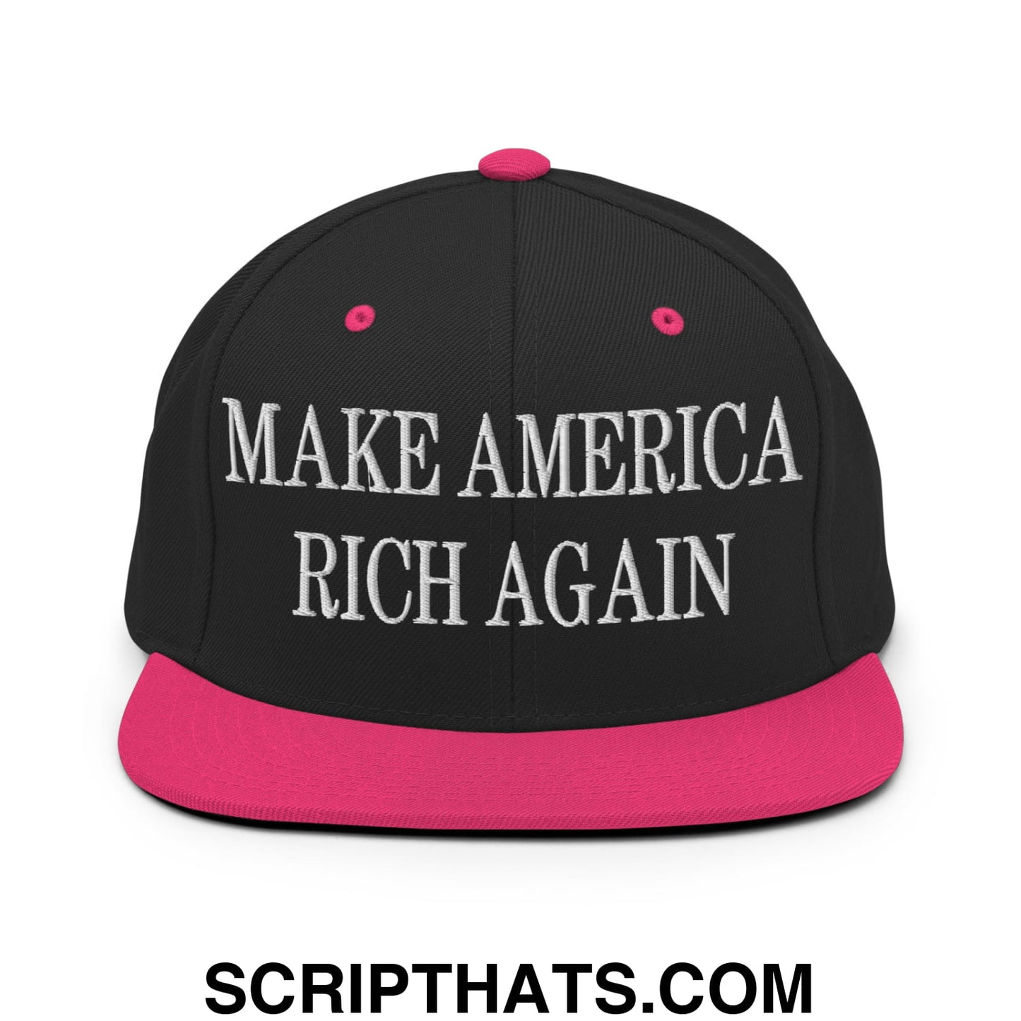 Black snapback cap with vibrant pink brim and button featuring white embroidered text make america rich again