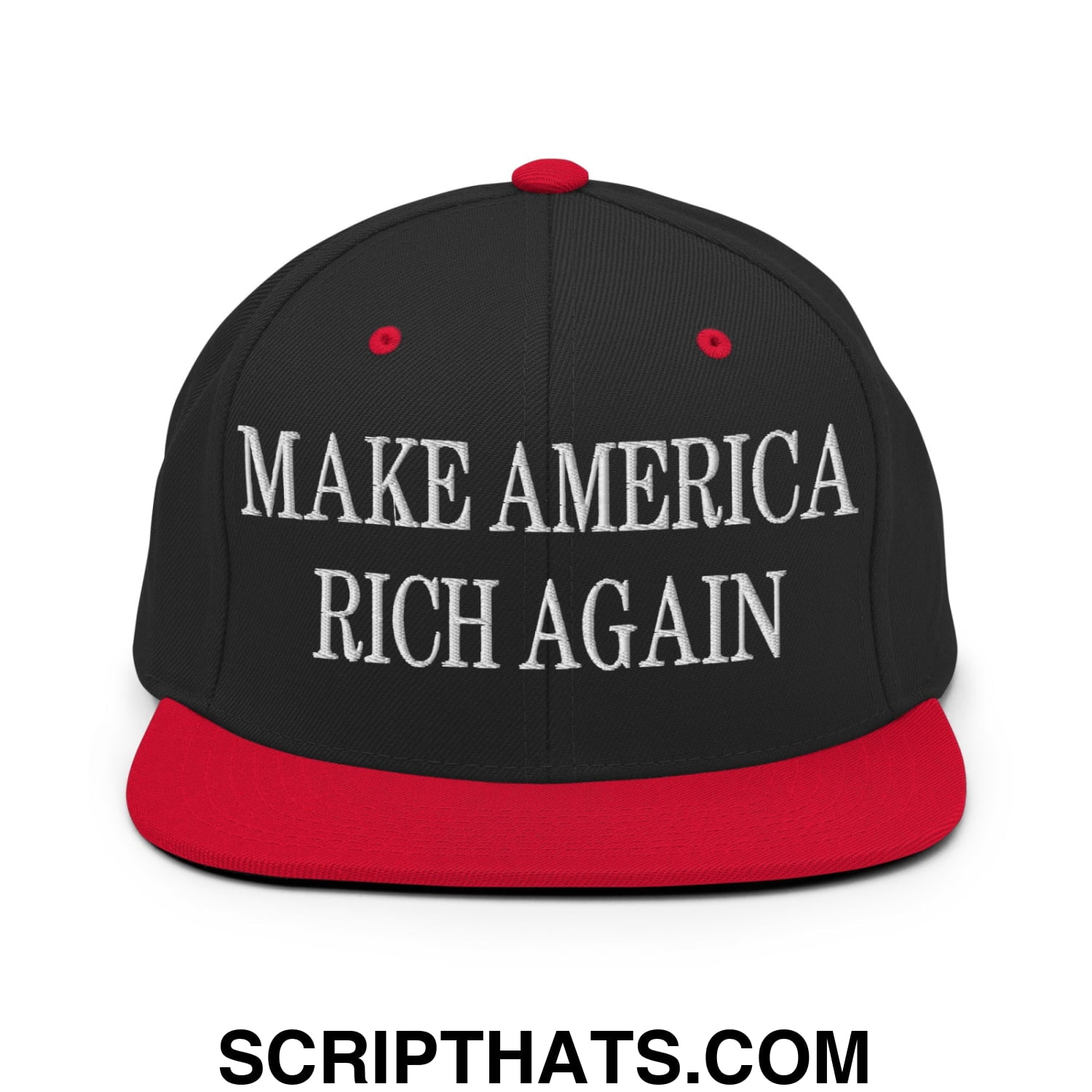 Make America Rich Again embroidered flat bill snapback hat with black cap, red brim, and white text