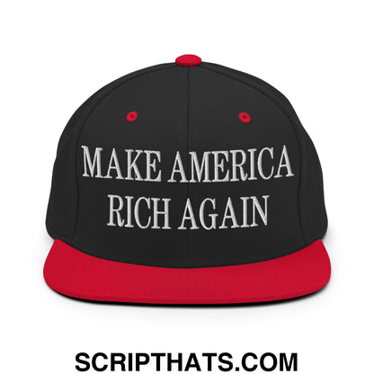 Make America Rich Again embroidered flat bill snapback hat with black cap, red brim, and white text