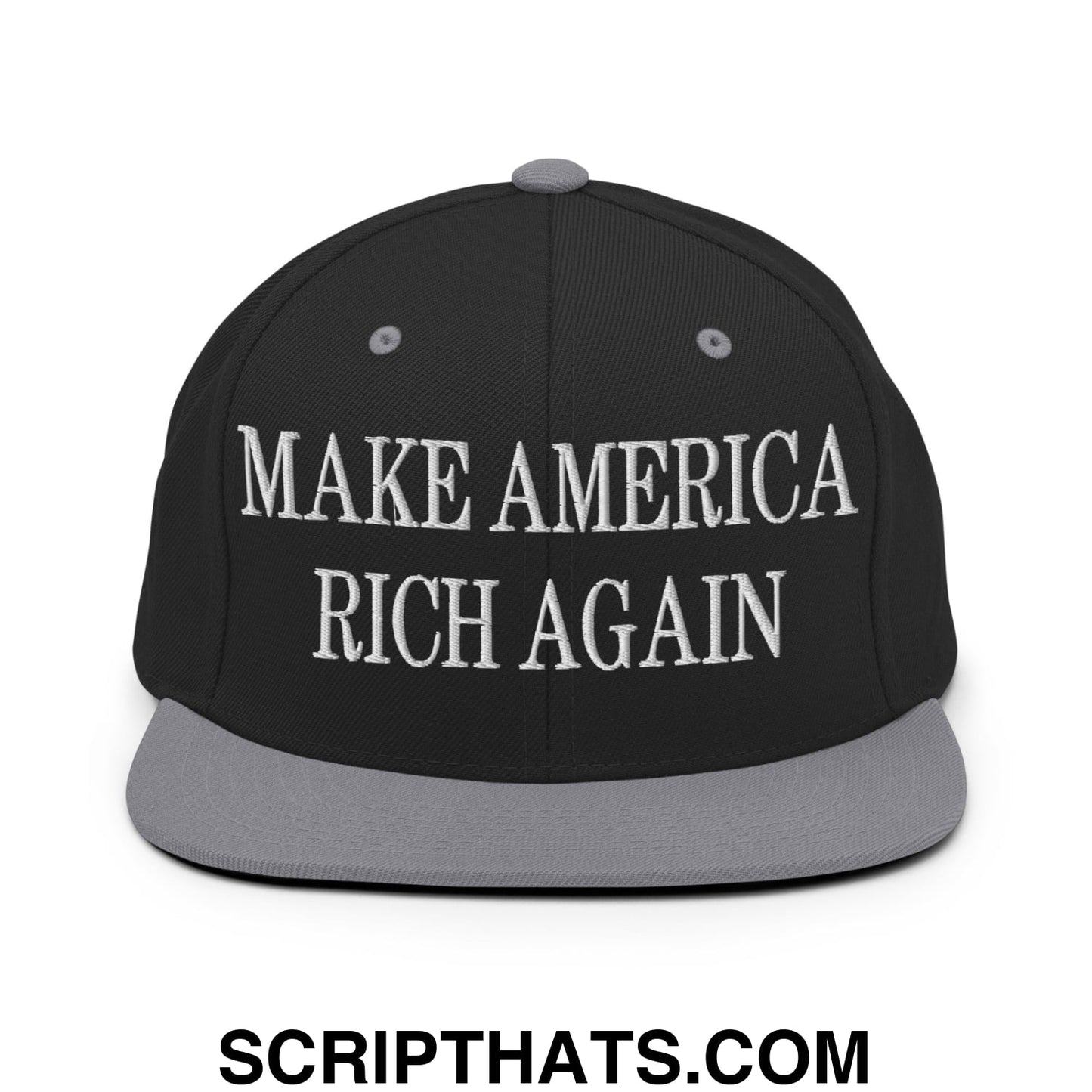 Black snapback cap with gray brim and white embroidered text make america rich again flat bill brim hat