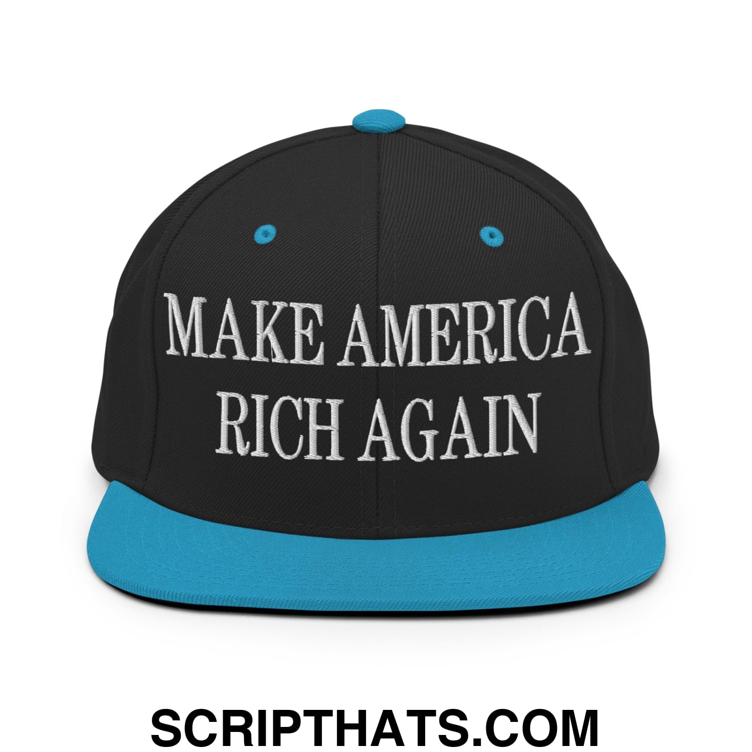 Black snapback cap with teal brim and button featuring white embroidered text make america rich again