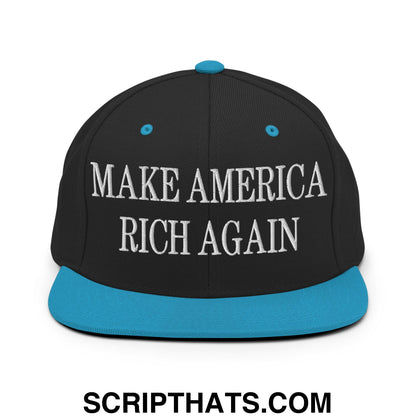 Black snapback cap with teal brim and button featuring white embroidered text make america rich again