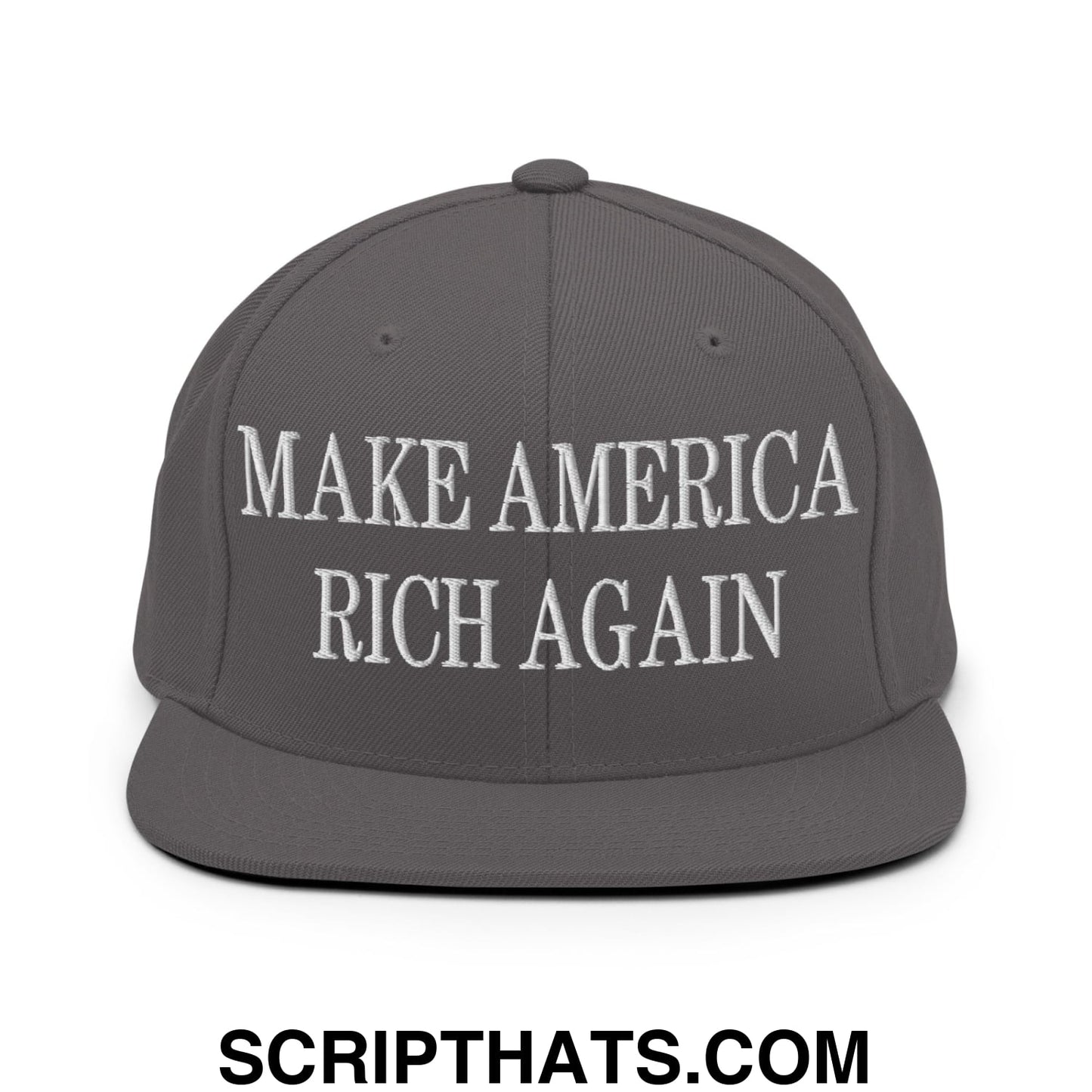Gray snapback hat with white embroidered make america rich again text and flat bill brim design